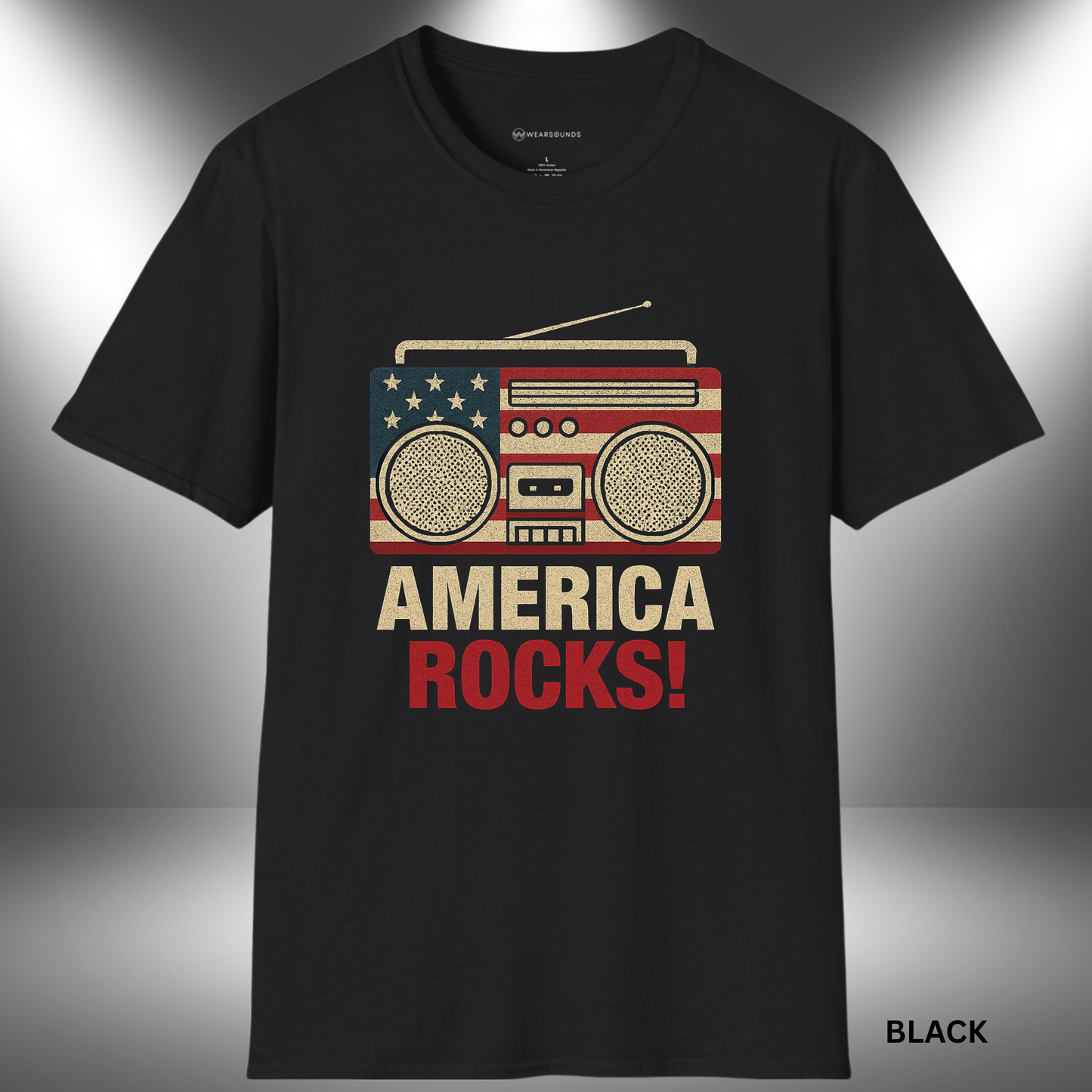 AMERICA ROCKS!   | T-SHIRT - 7 colors - 9 sizes |  Vintage Boombox Patriotic Shirt for 4th of July & Music Lovers