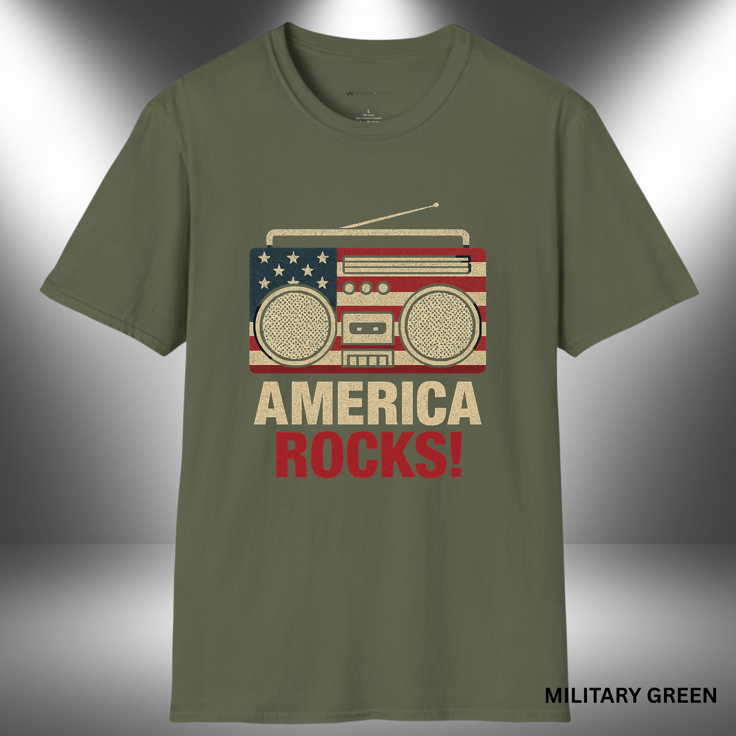 AMERICA ROCKS!   | T-SHIRT - 7 colors - 9 sizes |  Vintage Boombox Patriotic Shirt for 4th of July & Music Lovers