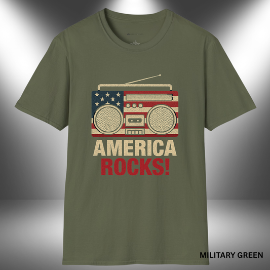 AMERICA ROCKS!   | T-SHIRT - 7 colors - 9 sizes |  Vintage Boombox Patriotic Shirt for 4th of July & Music Lovers