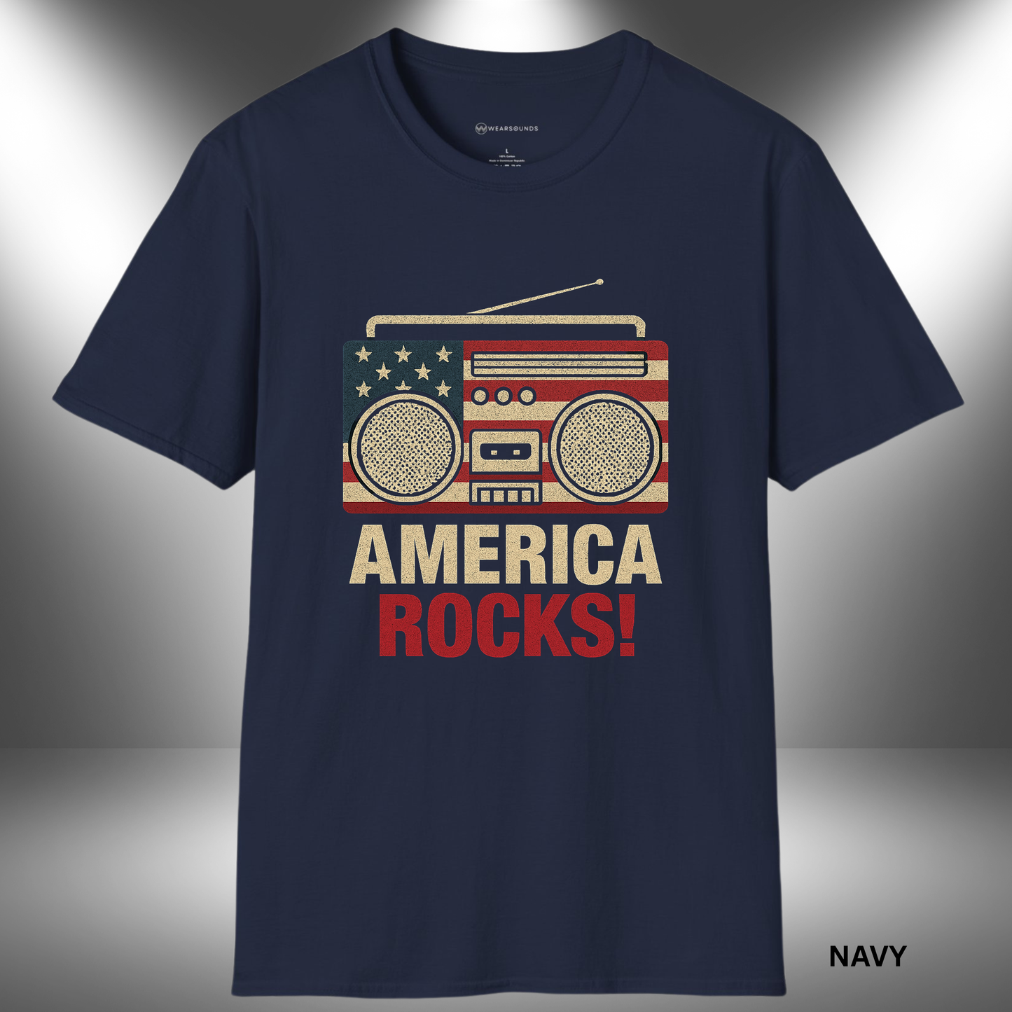 AMERICA ROCKS!   | T-SHIRT - 7 colors - 9 sizes |  Vintage Boombox Patriotic Shirt for 4th of July & Music Lovers