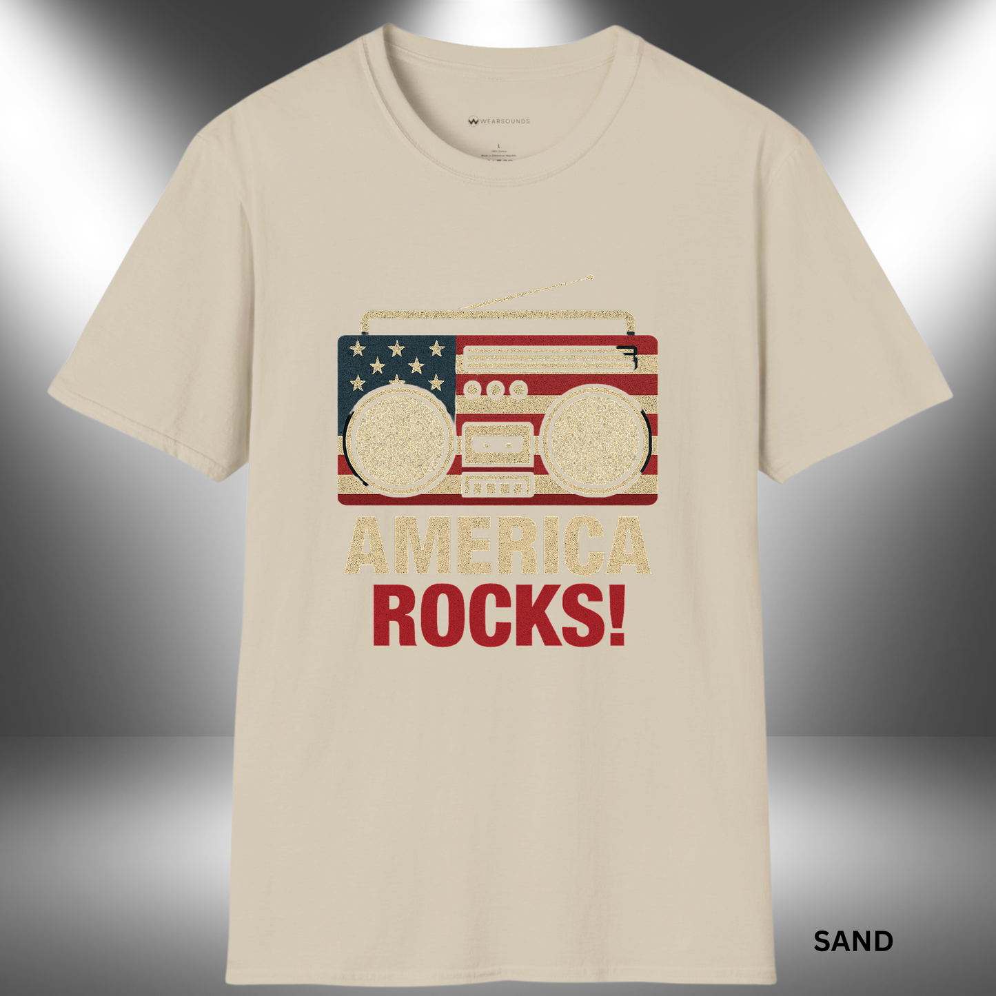 AMERICA ROCKS!   | T-SHIRT - 7 colors - 9 sizes |  Vintage Boombox Patriotic Shirt for 4th of July & Music Lovers