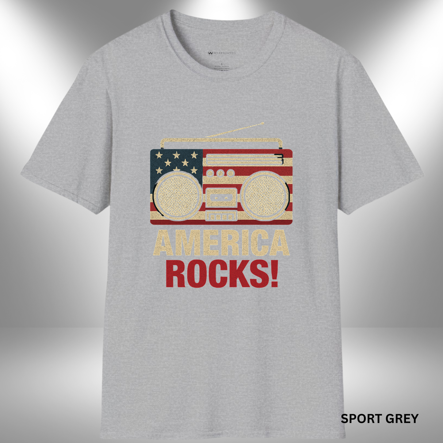 AMERICA ROCKS!   | T-SHIRT - 7 colors - 9 sizes |  Vintage Boombox Patriotic Shirt for 4th of July & Music Lovers