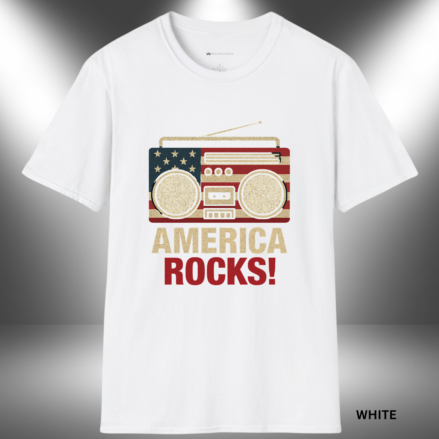 AMERICA ROCKS!   | T-SHIRT - 7 colors - 9 sizes |  Vintage Boombox Patriotic Shirt for 4th of July & Music Lovers