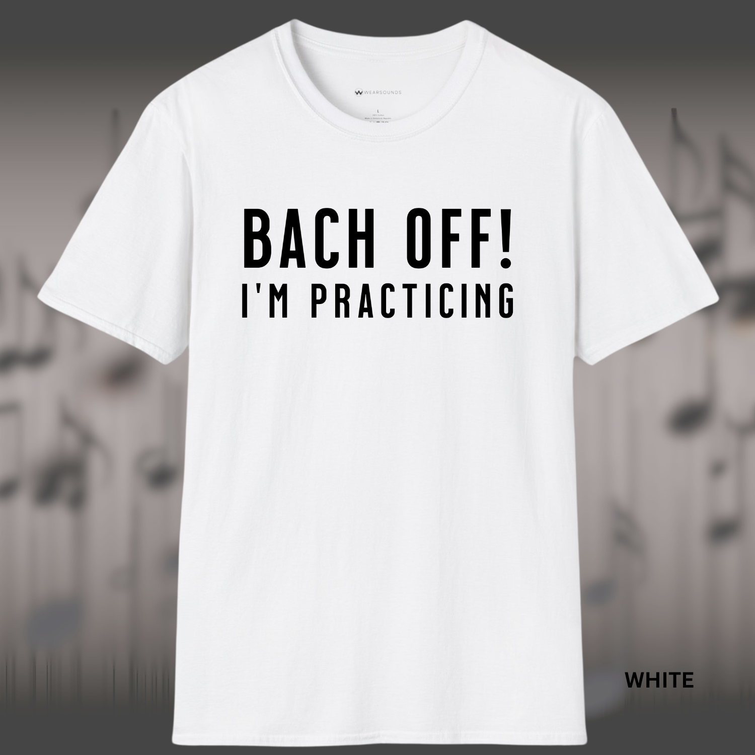 Bold design with large uppercase text that reads “BACH OFF! I’M PRACTICING,” using a wordplay on the composer Bach