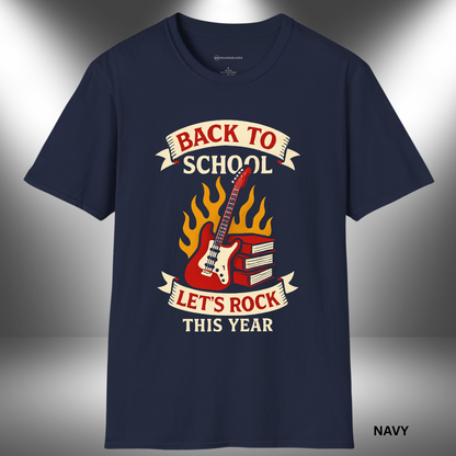 Vintage back-to-school t-shirt design with electric guitar, flames, and stacked books beneath banner text that reads ‘Back to School’ and ‘Let’s Rock This Year’