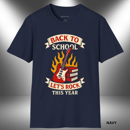 Vintage back-to-school t-shirt design with electric guitar, flames, and stacked books beneath banner text that reads ‘Back to School’ and ‘Let’s Rock This Year’
