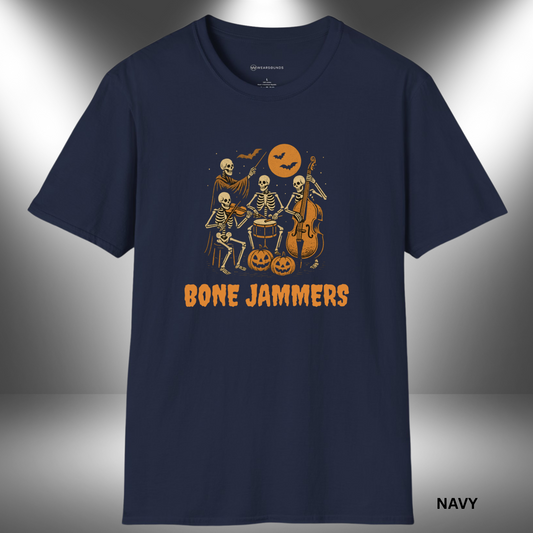BONE JAMMERS   | T-SHIRT - 7 colors - 9 sizes  |  Skeleton Band Halloween T-Shirt.  Shop the Bone Jammers Tee and let your spooky side jam out!