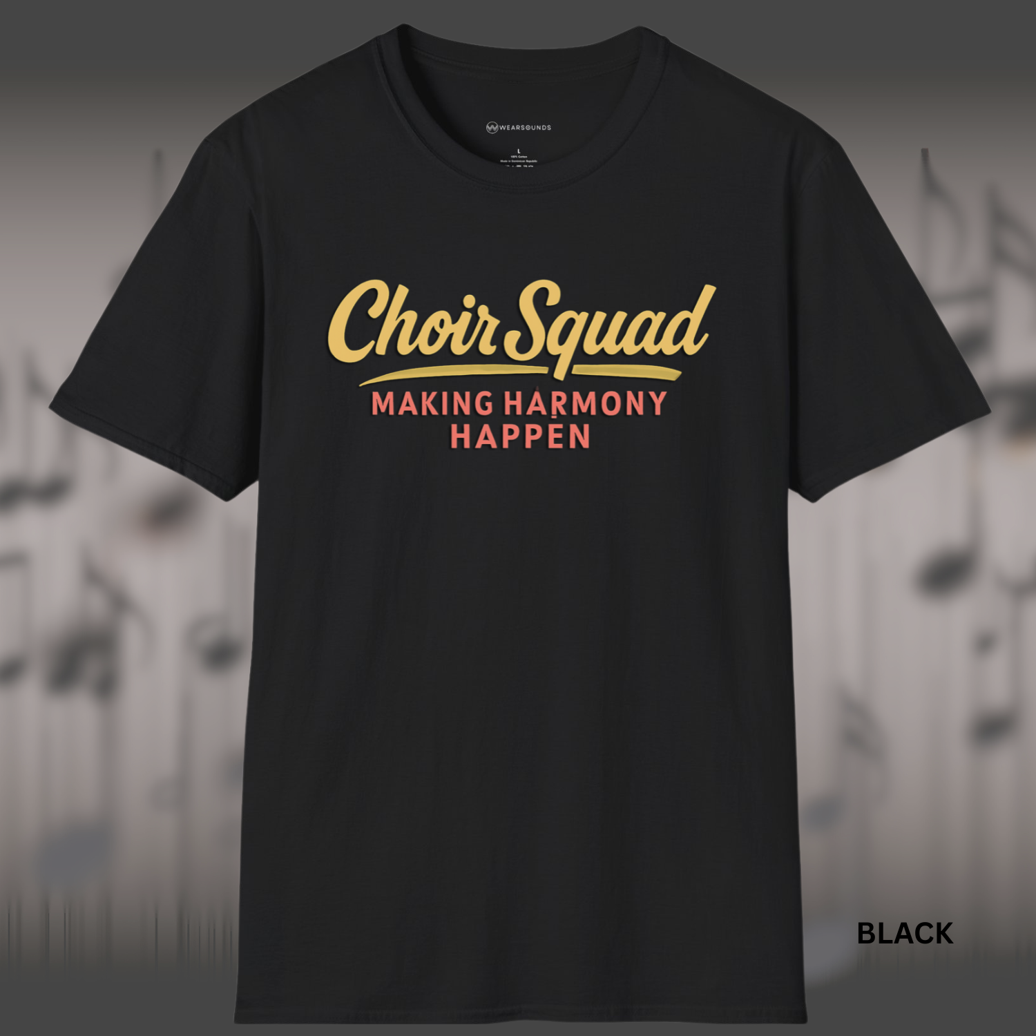 Retro-styled text reads “Choir Squad” in a warm yellow script font above “Making Harmony Happen” in bold, distressed red block letters. A stylized swoosh underscores the script.
