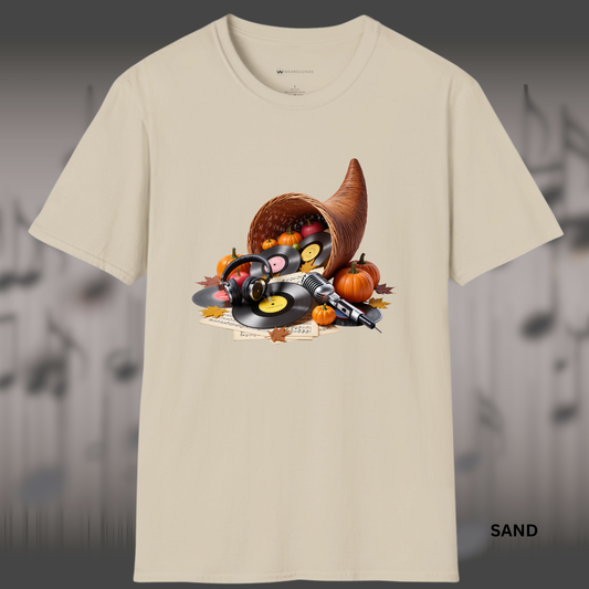 CORNUCOPIA OF SOUND | T-SHIRT - 7 colors - 9 sizes |  🎁 Makes a great gift for:  Vinyl collectors and analog music fans,  Musicians and producers who love the fall season,  DJs and audiophiles,  Friends hosting Thanksgiving jam sessions