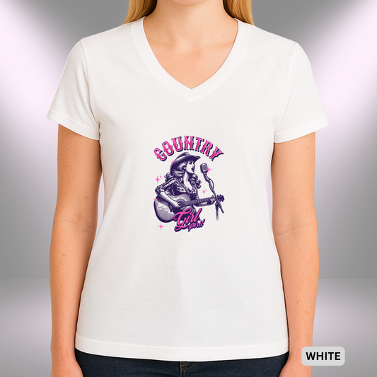 COUNTRY GIRL SPIRIT   |  Lady's V-Neck  | T-SHIRT - 6 colors - 4 sizes | Whether you're headed to a concert or kicking back on the porch, let your inner cowgirl rock the mic.