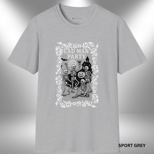 Dead Man’s Party     | T-SHIRT - 6 colors - 9 sizes |  Spooky Skeleton Party Tee -  Raise your glass and join the crew — grab the Dead Man’s Party Tee today and celebrate Halloween in spooky style!