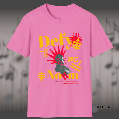 Bold street-style graphic of a classical statue bust with explosive red rays and graffiti symbols, featuring the phrase 'Defy the Norm' in stylized typography — a rebellious design promoting originality and self-expression.