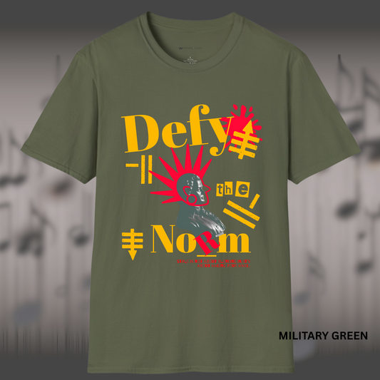 Bold street-style graphic of a classical statue bust with explosive red rays and graffiti symbols, featuring the phrase 'Defy the Norm' in stylized typography — a rebellious design promoting originality and self-expression.