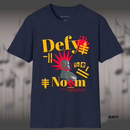 Bold street-style graphic of a classical statue bust with explosive red rays and graffiti symbols, featuring the phrase 'Defy the Norm' in stylized typography — a rebellious design promoting originality and self-expression.