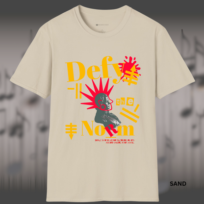 Bold street-style graphic of a classical statue bust with explosive red rays and graffiti symbols, featuring the phrase 'Defy the Norm' in stylized typography — a rebellious design promoting originality and self-expression.