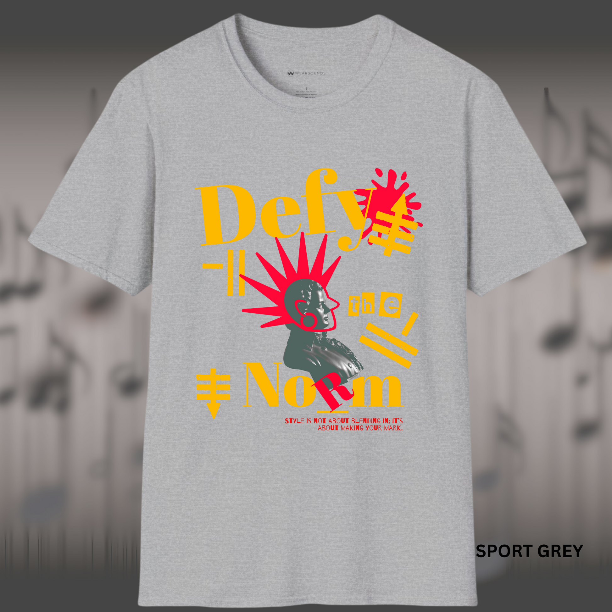 Bold street-style graphic of a classical statue bust with explosive red rays and graffiti symbols, featuring the phrase 'Defy the Norm' in stylized typography — a rebellious design promoting originality and self-expression.