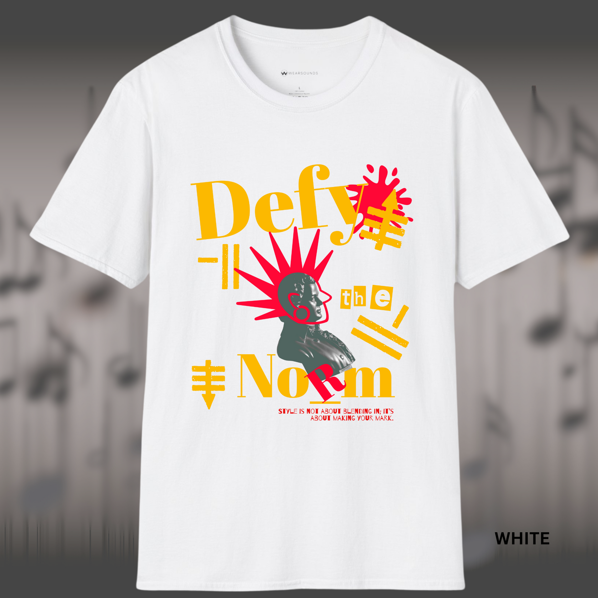 Bold street-style graphic of a classical statue bust with explosive red rays and graffiti symbols, featuring the phrase 'Defy the Norm' in stylized typography — a rebellious design promoting originality and self-expression.