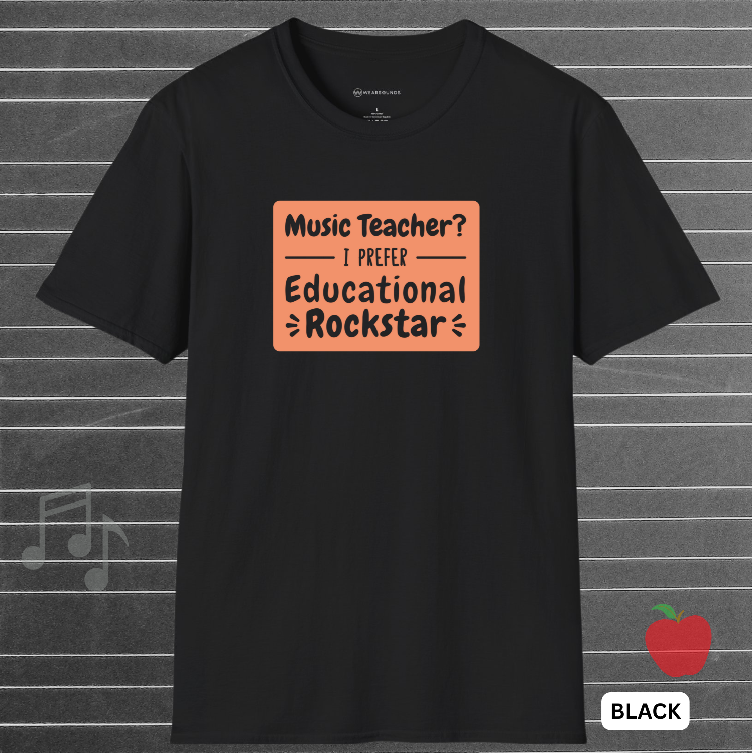 Black t-shirt with orange text on a gray background
