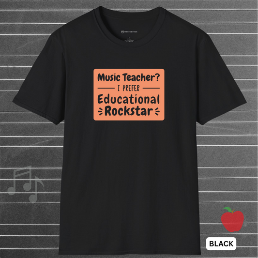 Black t-shirt with orange text on a gray background