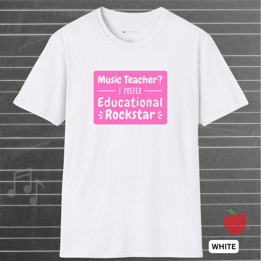 White t-shirt with pink text on a gray background