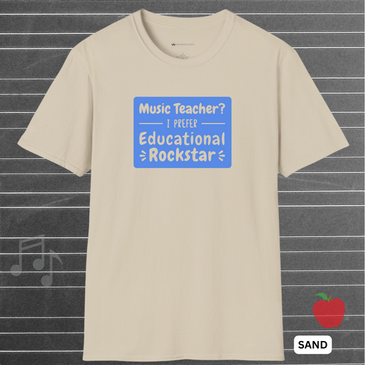 Beige t-shirt with blue text graphic on a striped background