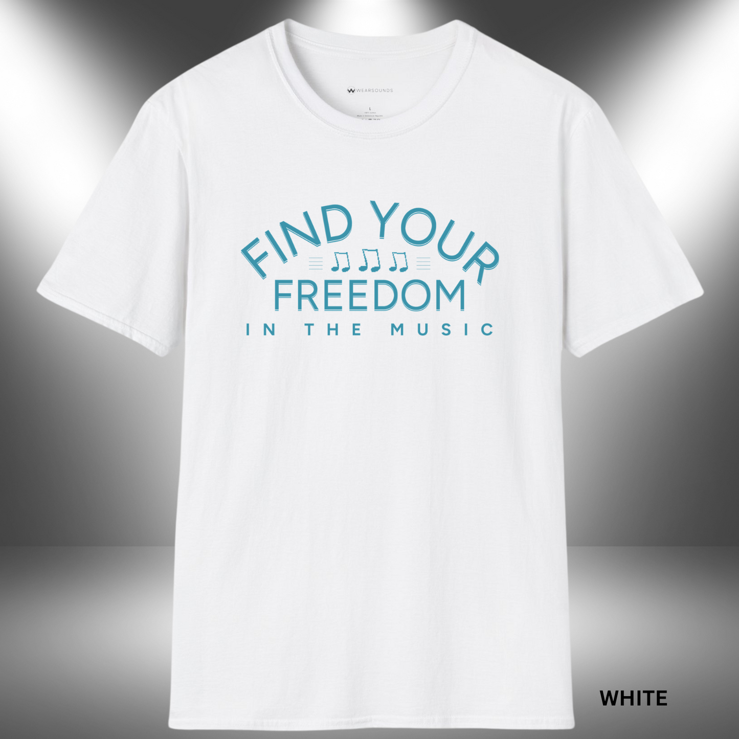 A minimalist design with the phrase “Find Your Freedom in the Music” in blue text. A row of eighth notes sits between the top and middle lines of text, creating a clean and uplifting musical theme.