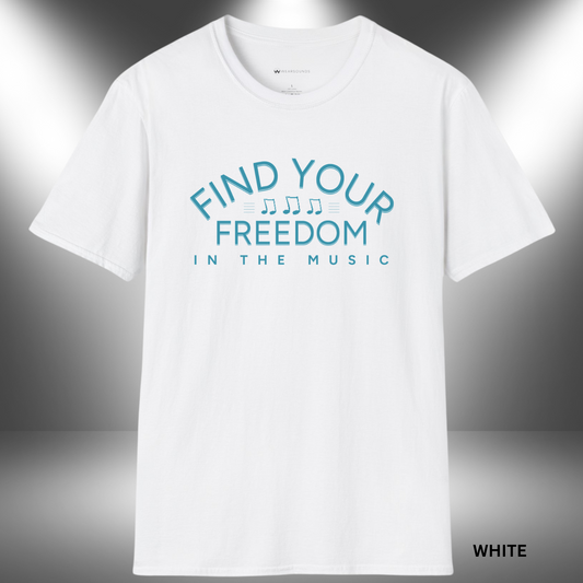 A minimalist design with the phrase “Find Your Freedom in the Music” in blue text. A row of eighth notes sits between the top and middle lines of text, creating a clean and uplifting musical theme.