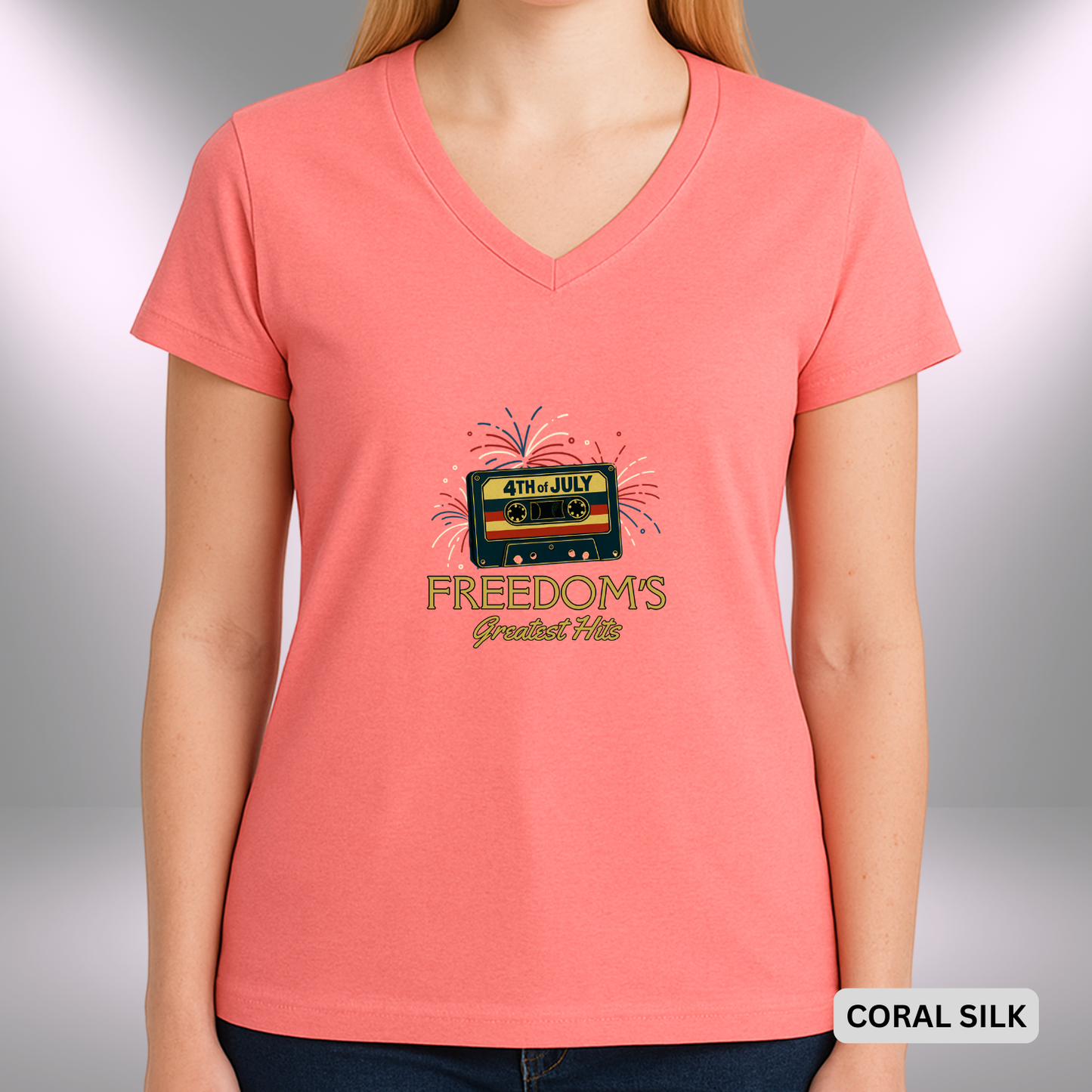 4TH OF JULY FREEDOM'S GREATEST HITS   |  Lady's V-Neck  | T-SHIRT - 7 colors - 4 sizes | Retro 4th of July Music Lady's T-Shirt