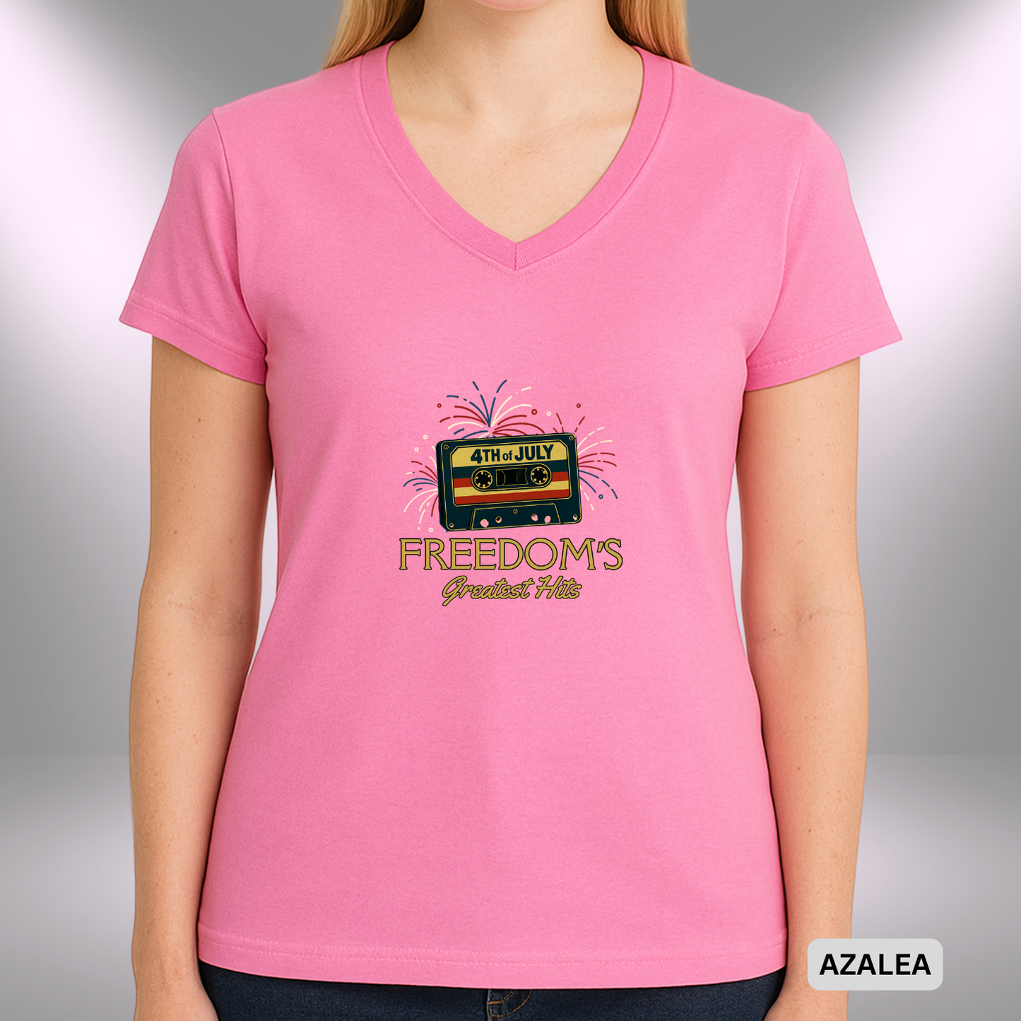 4TH OF JULY FREEDOM'S GREATEST HITS   |  Lady's V-Neck  | T-SHIRT - 7 colors - 4 sizes | Retro 4th of July Music Lady's T-Shirt