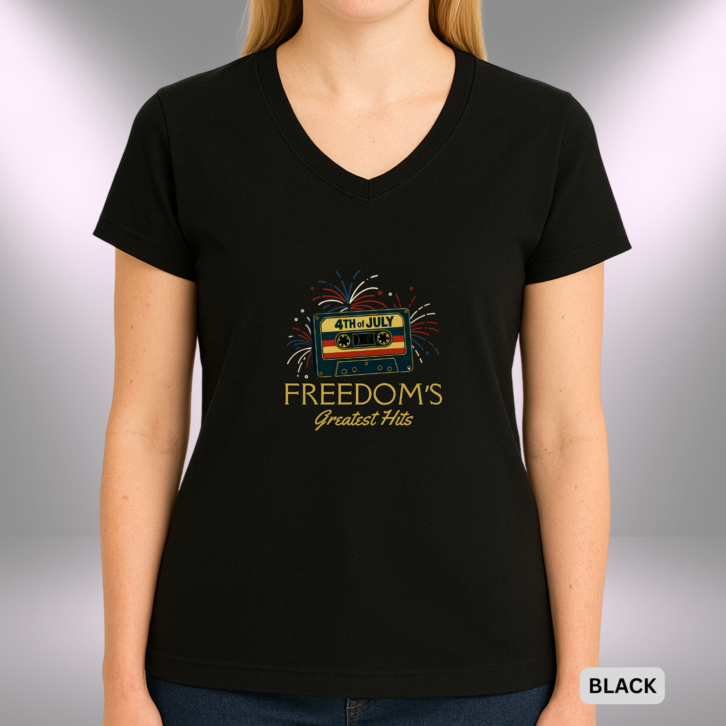 4TH OF JULY FREEDOM'S GREATEST HITS   |  Lady's V-Neck  | T-SHIRT - 7 colors - 4 sizes | Retro 4th of July Music Lady's T-Shirt