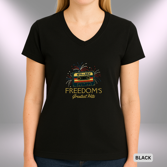 4TH OF JULY FREEDOM'S GREATEST HITS   |  Lady's V-Neck  | T-SHIRT - 7 colors - 4 sizes | Retro 4th of July Music Lady's T-Shirt