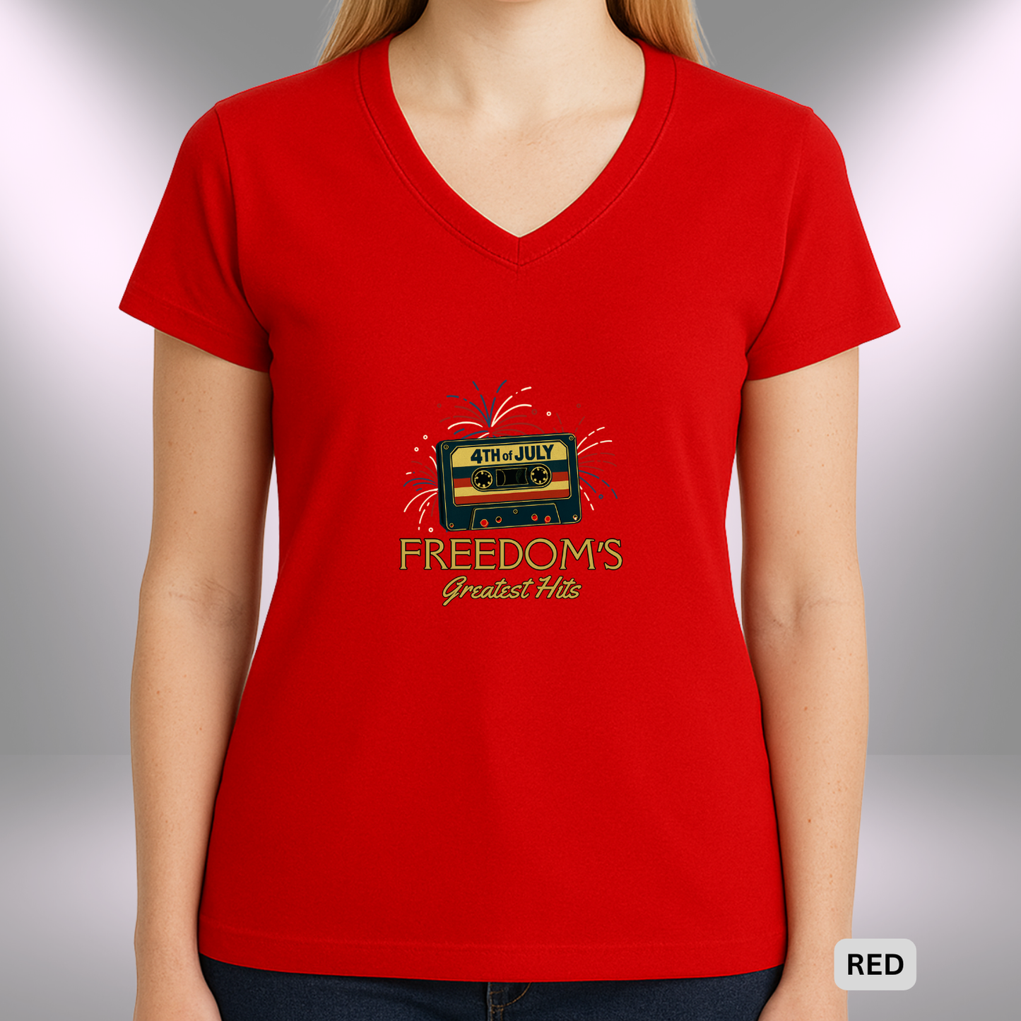 4TH OF JULY FREEDOM'S GREATEST HITS   |  Lady's V-Neck  | T-SHIRT - 7 colors - 4 sizes | Retro 4th of July Music Lady's T-Shirt