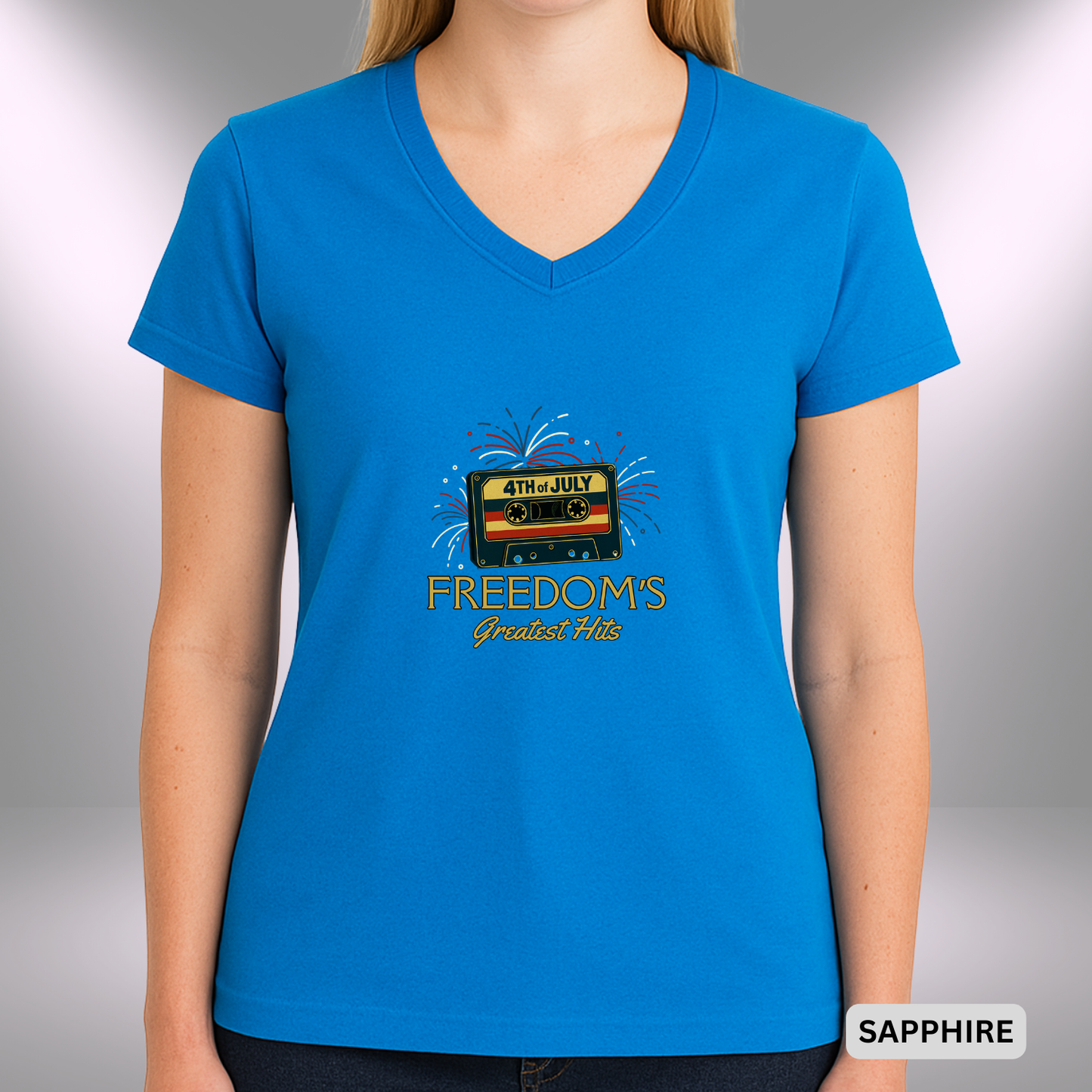 4TH OF JULY FREEDOM'S GREATEST HITS   |  Lady's V-Neck  | T-SHIRT - 7 colors - 4 sizes | Retro 4th of July Music Lady's T-Shirt