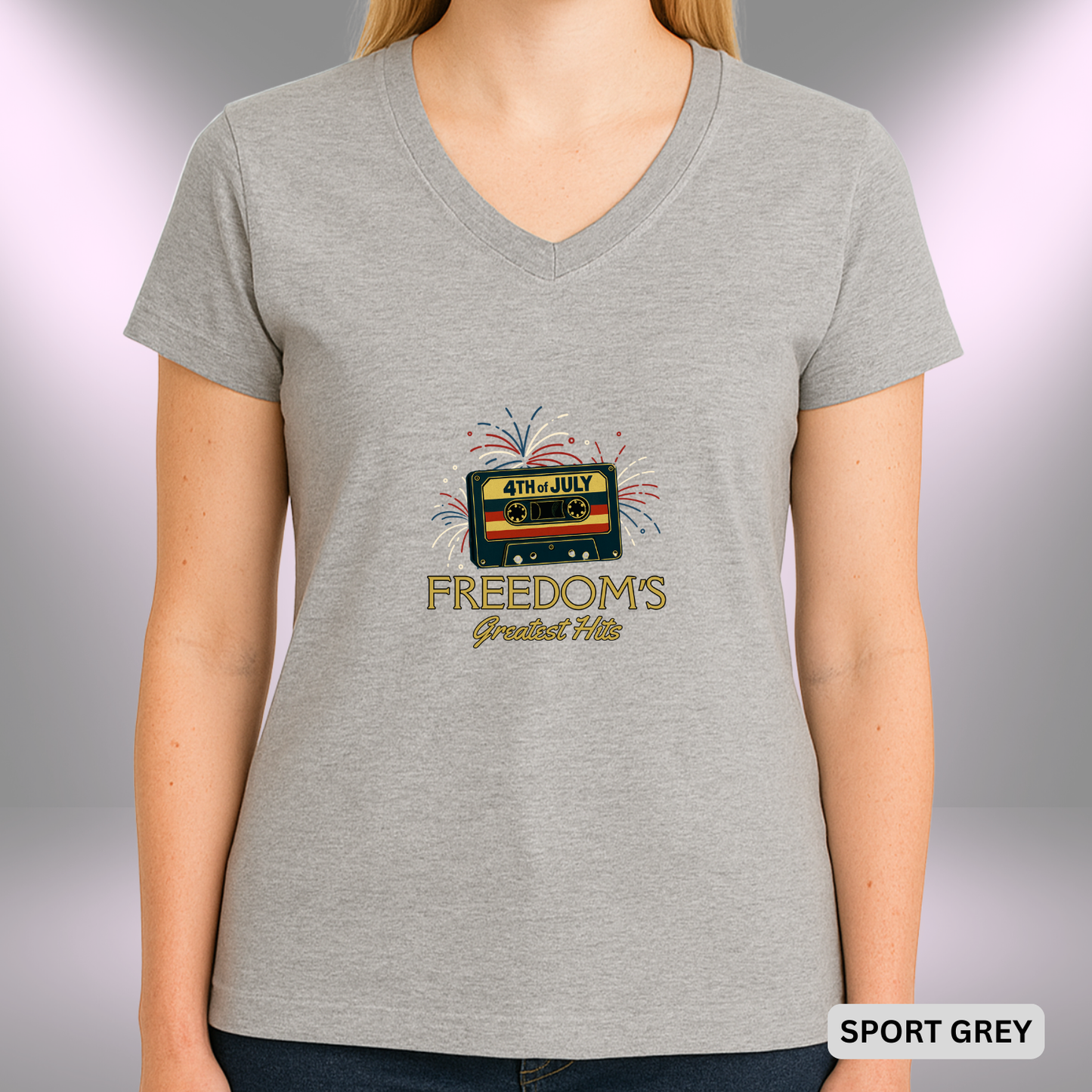 4TH OF JULY FREEDOM'S GREATEST HITS   |  Lady's V-Neck  | T-SHIRT - 7 colors - 4 sizes | Retro 4th of July Music Lady's T-Shirt