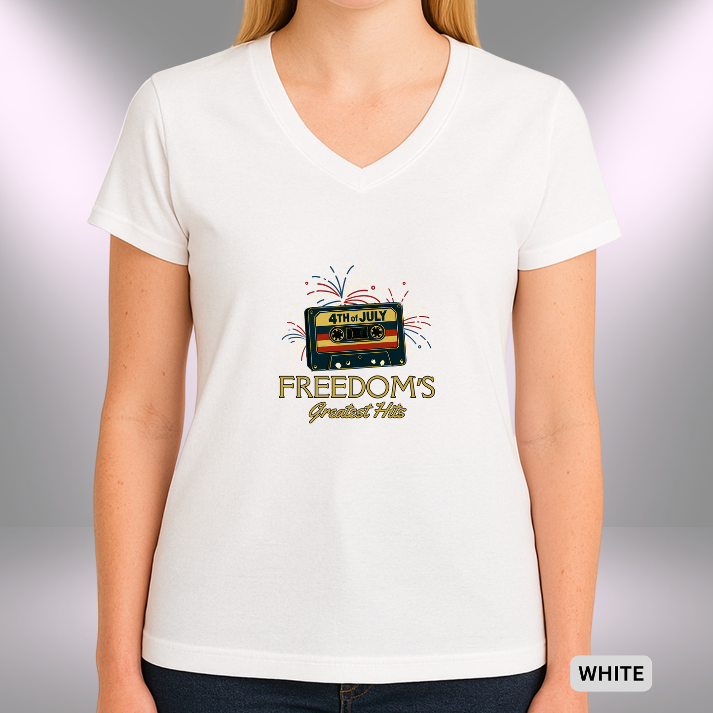 4TH OF JULY FREEDOM'S GREATEST HITS   |  Lady's V-Neck  | T-SHIRT - 7 colors - 4 sizes | Retro 4th of July Music Lady's T-Shirt