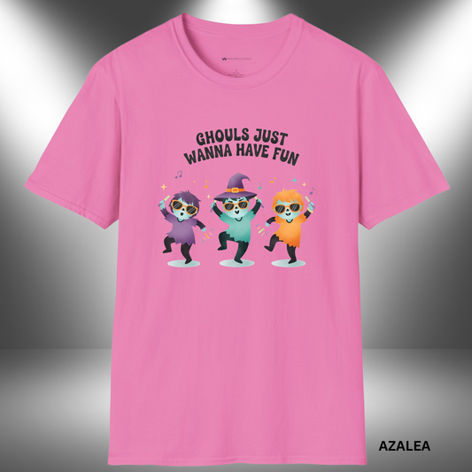 Cute cartoon graphic of three colorful dancing ghouls wearing sunglasses and costumes, surrounded by musical notes and sparkles, with the text “Ghouls Just Wanna Have Fun.”