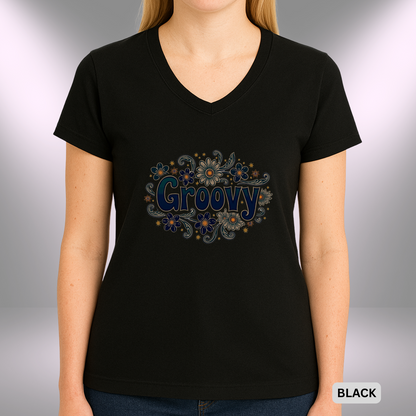 GROOVY    |  Lady's V-Neck  | T-SHIRT - 7 colors - 4 sizes | Add some flower power to your wardrobe and let your inner grooviness shine. Shop the vibe today!