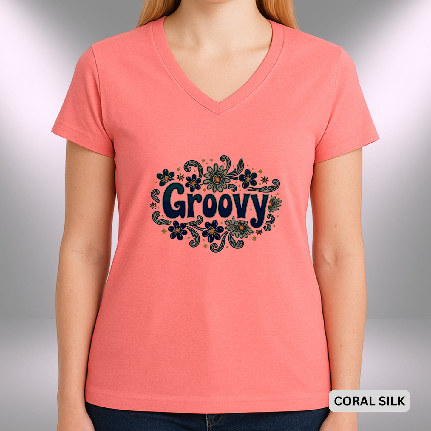 GROOVY    |  Lady's V-Neck  | T-SHIRT - 7 colors - 4 sizes | Add some flower power to your wardrobe and let your inner grooviness shine. Shop the vibe today!