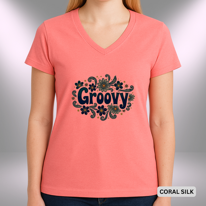 GROOVY    |  Lady's V-Neck  | T-SHIRT - 7 colors - 4 sizes | Add some flower power to your wardrobe and let your inner grooviness shine. Shop the vibe today!