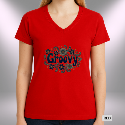 GROOVY    |  Lady's V-Neck  | T-SHIRT - 7 colors - 4 sizes | Add some flower power to your wardrobe and let your inner grooviness shine. Shop the vibe today!