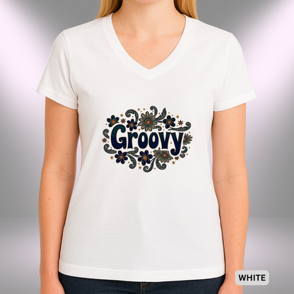 GROOVY    |  Lady's V-Neck  | T-SHIRT - 7 colors - 4 sizes | Add some flower power to your wardrobe and let your inner grooviness shine. Shop the vibe today!