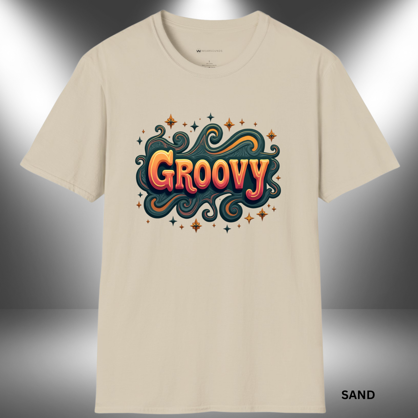 A bold retro-style design featuring the word “GROOVY” in orange and yellow bubble letters with swirly teal flourishes and decorative starbursts around it.