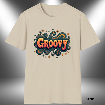 A bold retro-style design featuring the word “GROOVY” in orange and yellow bubble letters with swirly teal flourishes and decorative starbursts around it.