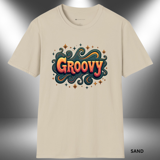 A bold retro-style design featuring the word “GROOVY” in orange and yellow bubble letters with swirly teal flourishes and decorative starbursts around it.