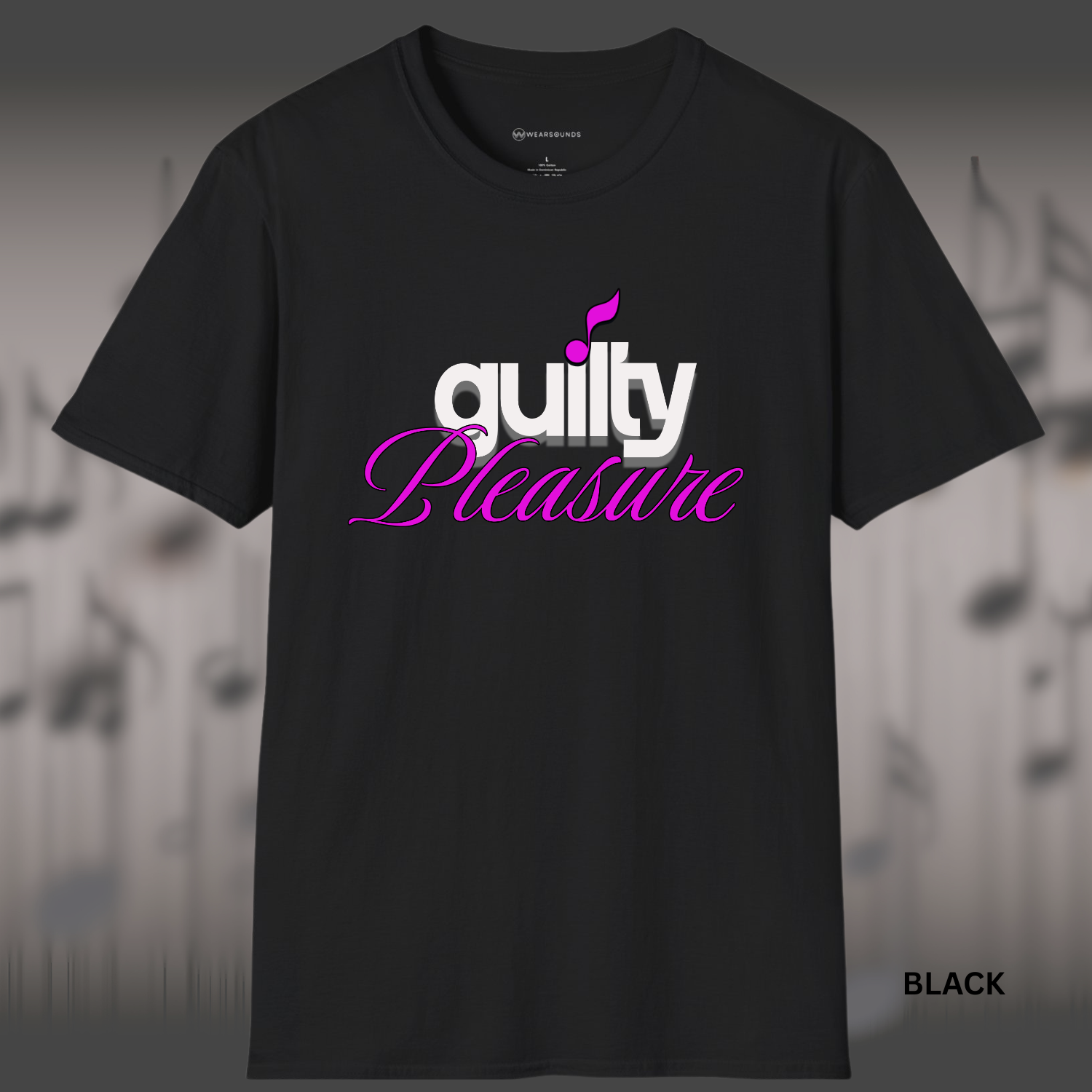 The phrase “guilty pleasure” in contrasting styles—“guilty” in bold white block letters with a shadow and a pink music note, and “pleasure” in flowing hot pink cursive script.