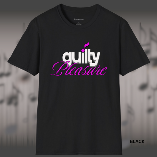 The phrase “guilty pleasure” in contrasting styles—“guilty” in bold white block letters with a shadow and a pink music note, and “pleasure” in flowing hot pink cursive script.