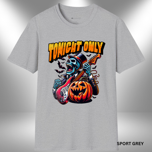 Bold Halloween-themed illustration of a skeleton in a top hat playing electric guitar next to a jack-o'-lantern, with the phrase “TONIGHT ONLY” in glowing orange letters.