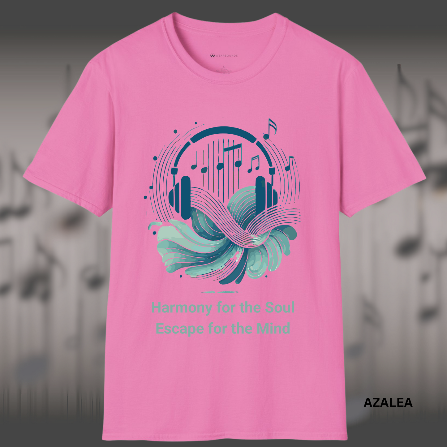 Artistic music-themed t-shirt design with abstract headphones, flowing waves, and floating music notes