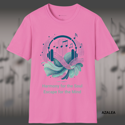 Artistic music-themed t-shirt design with abstract headphones, flowing waves, and floating music notes
