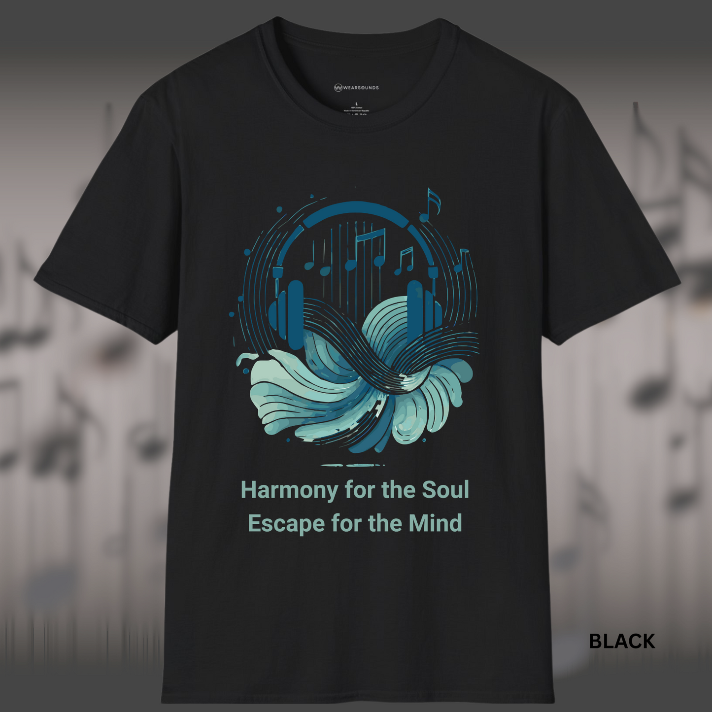 Artistic music-themed t-shirt design with abstract headphones, flowing waves, and floating music notes